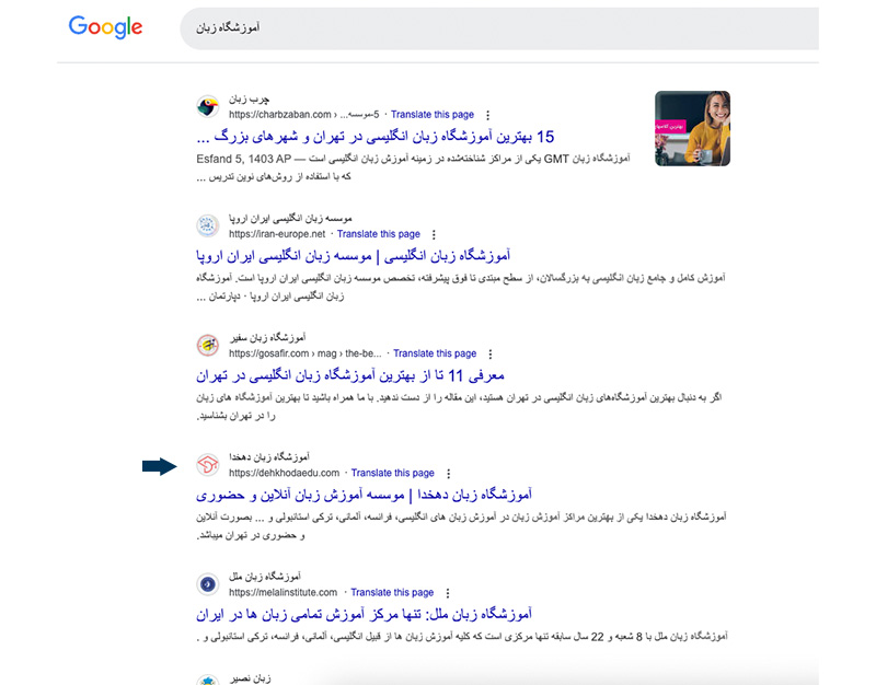 نمونه کار سئو آموزشگاه زبان